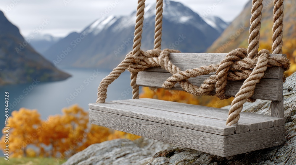 Fototapeta premium A rustic swing sways gently from a tree, framed by colorful autumn leaves, overlooking a tranquil lake and distant mountains