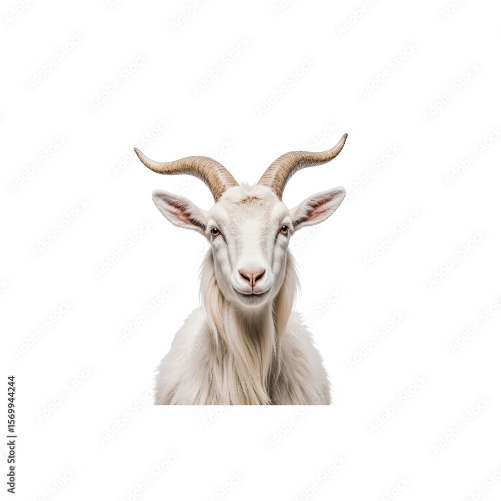 Obraz premium Graceful Goat's Gaze: The image presents a captivating close-up of a goat, its long, flowing beard, and majestic curved horns. The goat's gentle eyes and poised posture emanate a serene.