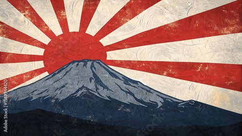 Photos Iconic mount fuji and rising sun flag with vintage textured grunge effect