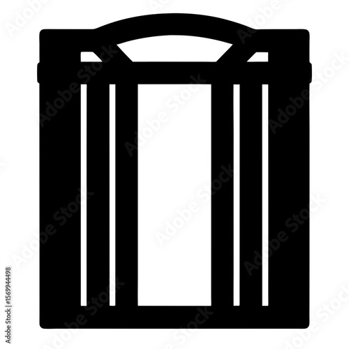 Black silhouette of wooden crate with handle, empty inside and simple structure