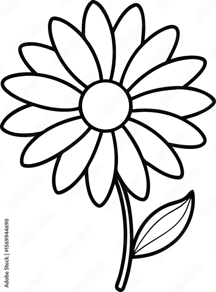 Fototapeta premium Daisy illustration: A simple illustration of a daisy, a common and beloved flower, rendered in a clean, classic, and appealing style. Featuring the delicate petals, prominent center, stem.