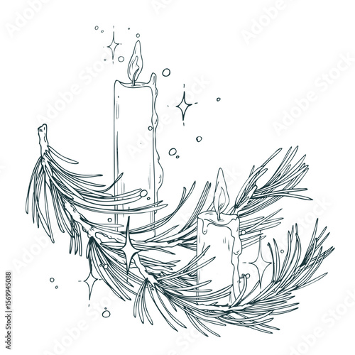 Minimalist holiday arrangement with a candles and pine branch. Hand drawn line art in black ink. Suitable for Christmas cards, logos, and elegant winter projects.