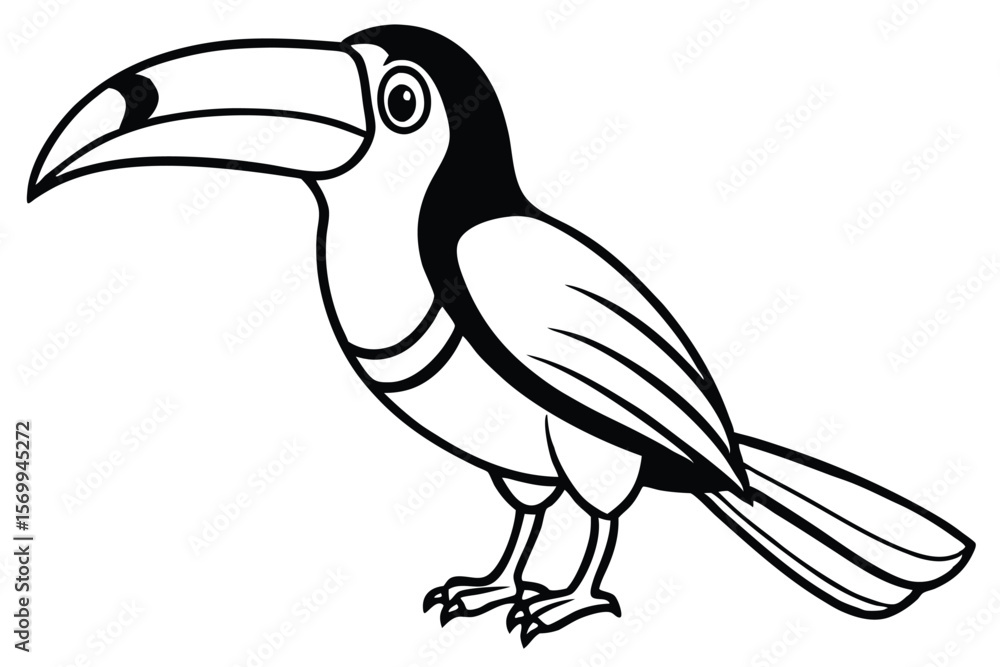 Obraz premium Stylized Black and White Toucan Illustration Standing Tall, Featuring Bold Outlines and Clean Design