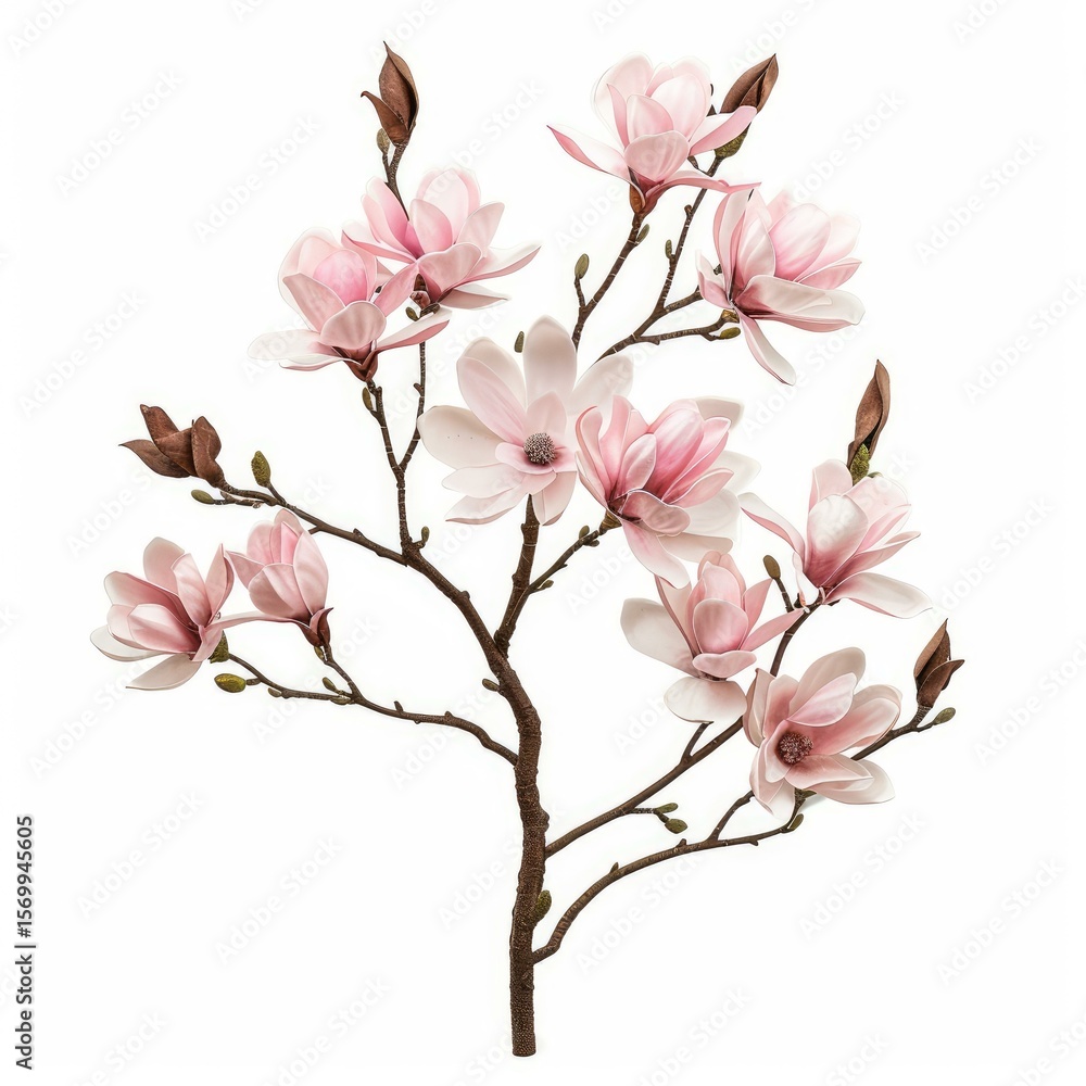 Obraz premium Beautiful pink magnolia flowers blooming on a branch against a clean white background, perfect for spring and nature themed designs