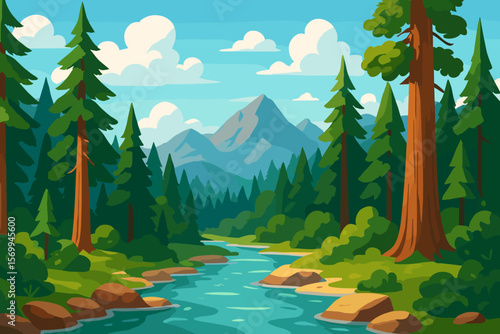 Beautiful forest landscape with mountain river and pine trees. Vector illustration of wild nature scenery with stream, rocks, blue sky and clouds. Summer travel background.