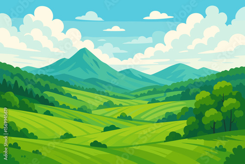 Beautiful summer landscape with green fields and mountains. Vector illustration of a rural valley with hills, forest, blue sky, and clouds. Countryside nature background.