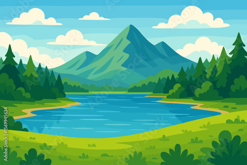 Summer mountain landscape with lake and pine forest. Vector cartoon illustration. Scenic nature background for travel, tourism, hiking, camping, outdoor adventure and ecology.