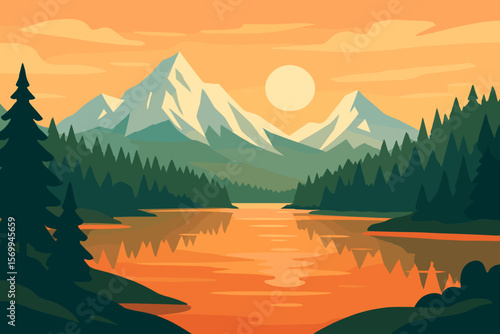 Mountain landscape at sunset with lake and pine forest. Vector illustration of a scenic wilderness view with snow-capped peaks and reflection. Retro travel poster concept.
