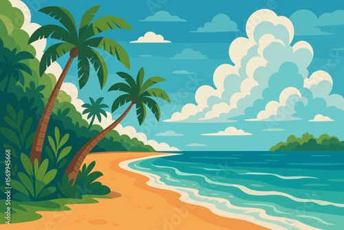 Tropical paradise beach landscape vector illustration. Sandy coast with ocean sea waves and palm trees. Summer vacation travel background for banner, poster. Cartoon island scene.