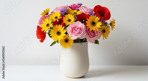 Kleurrijke bloemenboeket zacht licht elegante vaas. AI Generated