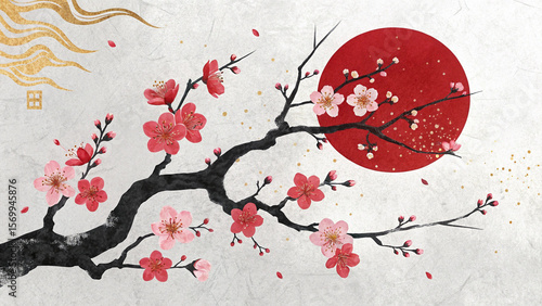 Japanese cherry blossom branch with red sun and gold accents