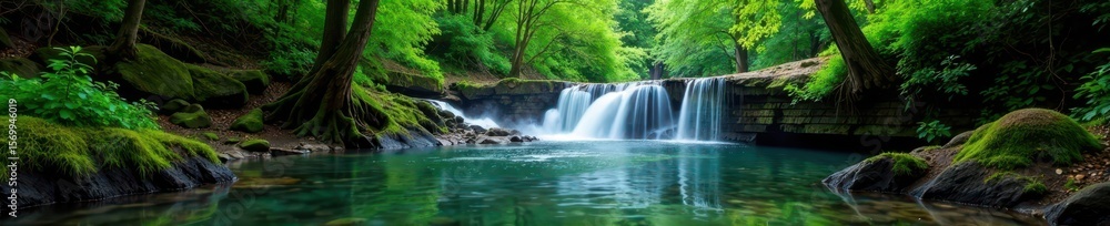 Naklejka premium gentle stream flows through forest near waterfall and lake, , water, forest