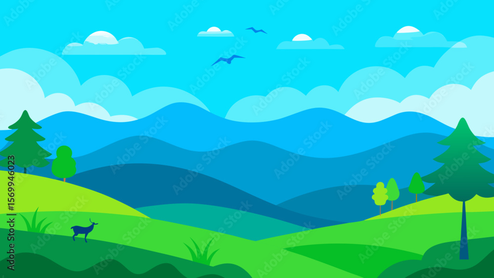 Obraz premium Serene Mountain Landscape with Deer and Birds