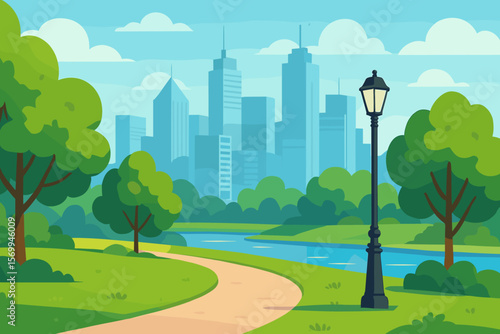 City park landscape with green trees, a path along the river, and city skyline. Urban nature background with business center skyscrapers. Modern flat cartoon vector illustration.