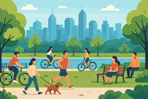Urban park scene with people exercising and relaxing. Cyclists, runner, woman walking dog on an embankment. Cityscape background with skyscrapers. Healthy outdoor lifestyle.
