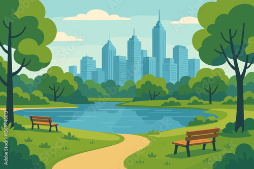 City park landscape with a lake, path, and benches. View of downtown skyscrapers and city skyline. Urban nature oasis for recreation. Modern flat vector cartoon illustration.