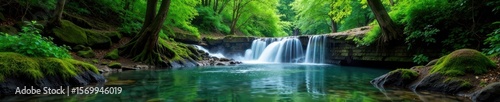 gentle stream flows through forest near waterfall and lake, , water, forest