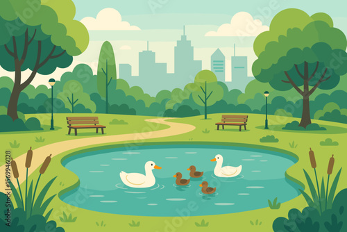 City park landscape with a duck family swimming in a pond. Urban oasis with trees, benches, and a city skyline. Public garden for leisure and recreation. Flat vector illustration.