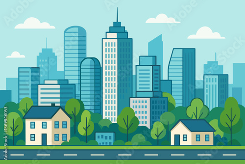 Urban landscape with city skyscrapers and suburban homes. Modern flat vector illustration of a downtown business district, residential area, trees, and road. City life concept.