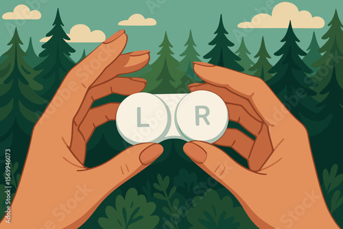 Closeup of female hands holding contact lens case outdoors, eye care hygiene, vision correction, forest background, flat vector cartoon.