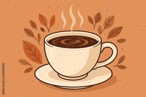 Cup of fresh aromatic coffee with steam. Hot morning beverage vector illustration. Cozy autumn theme with leaves. Flat design for cafe, restaurant menu, poster, or banner.