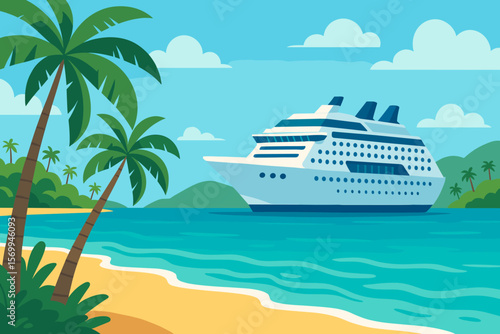 Tropical island vacation with cruise ship liner in a turquoise sea bay. Paradise beach with sand and palm trees. Summer holiday travel and tourism concept. Cartoon vector illustration.