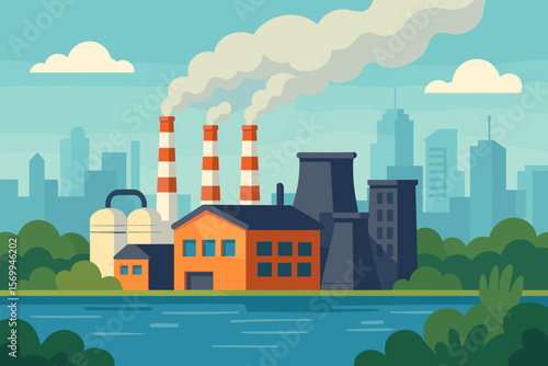 Industrial factory with smoking chimneys by lake, modern city skyline background, pollution, urban manufacturing plant, environmental impact, flat vector illustration