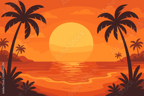 Tropical beach sunset with palm tree silhouettes. Evening ocean landscape with large sun. Summer vacation, travel and relaxation concept. Modern flat vector cartoon illustration.