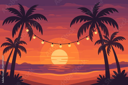 Tropical beach party at sunset with palm tree silhouettes and string lights. Paradise island landscape with ocean view. Summer vacation vector cartoon illustration background.