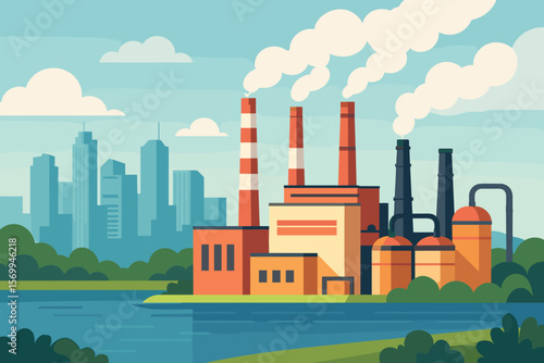 Industrial factory with smoking chimneys by lake, modern city skyline in background, urban landscape pollution, flat vector illustration, environmental industry concept