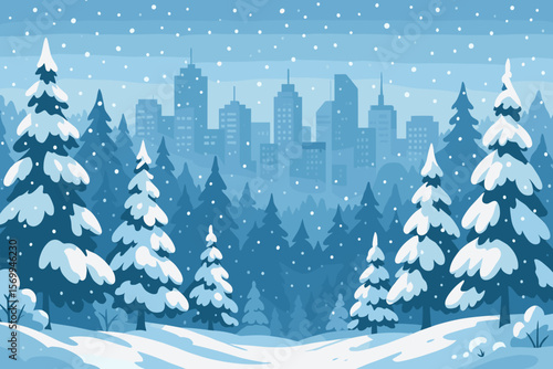 Snowy winter forest landscape with pine trees, falling snow, and modern city skyline silhouette. Urban cityscape in background. Festive Christmas season vector illustration.