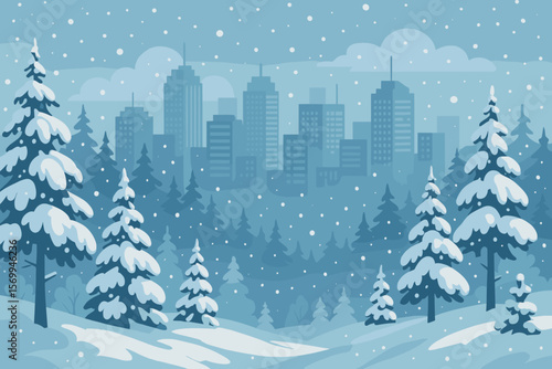 Snowy Winter Forest Landscape with Pine Trees and Falling Snow, Modern City Skyline Silhouette, Urban Skyscrapers, Peaceful Seasonal Nature, Flat Vector Illustration