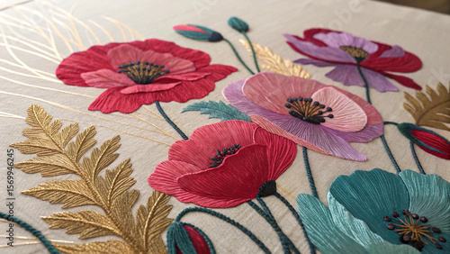 Close up of colorful embroidered poppies with gold leaves on a light fabric
