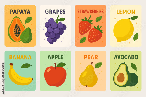 Colorful Fruit Flash Cards Set with Papaya, Grapes, Strawberries, Lemon, Banana, Apple, Pear, Avocado. Cute Vector Illustrations for Kids Learning, Summer Education, Classroom Decor