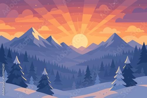 Winter sunrise panoramic landscape, frosty snowy mountains, pine forest, glowing sky, Christmas holiday season, modern flat vector cartoon illustration, serene nature scene