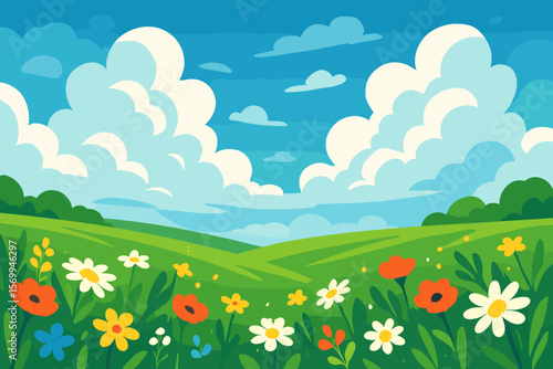 Vibrant spring meadow landscape with colorful wildflowers, rolling green hills, dramatic cumulus clouds, blue sky. Modern flat cartoon vector illustration. Nature background design