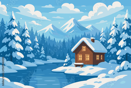 Cozy Wooden Cabin by Snowy Winter Lake, Pine Forest and Mountains, Peaceful Christmas Landscape, Snowdrifts, Blue Sky, Tranquil Nature Holiday Scene Illustration
