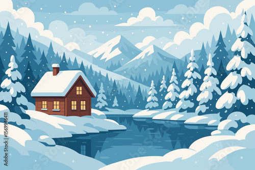 Cozy cabin by winter lake in snowy pine forest, mountain landscape, snow-covered trees, tranquil Christmas scene, peaceful holiday nature, serene winter wonderland