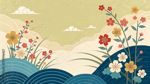 Stylized japanese landscape with blooming flowers and flowing waves in vintage style