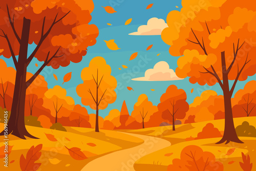 Vibrant Autumn Park Landscape with Colorful Trees, Falling Leaves, Winding Path, Blue Sky and Clouds, Seasonal Nature Scenery, Flat Vector Illustration for Fall Concepts