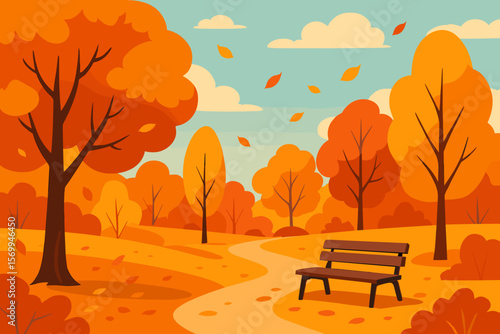 Beautiful autumn park landscape with colorful falling leaves, vibrant autumn trees, cloudy sky, and night mountain scenery, modern flat vector illustration of fall nature scene