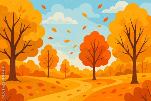 Beautiful autumn park landscape with colorful falling leaves, golden trees, warm fall colors, blue sky with clouds, modern flat vector cartoon illustration of seasonal nature scene