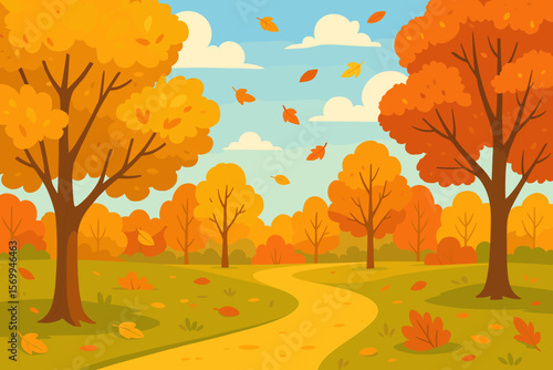 Autumn park landscape with golden trees, colorful falling leaves, blue sky, clouds, winding path. Warm fall season, vibrant foliage. Modern flat vector cartoon illustration