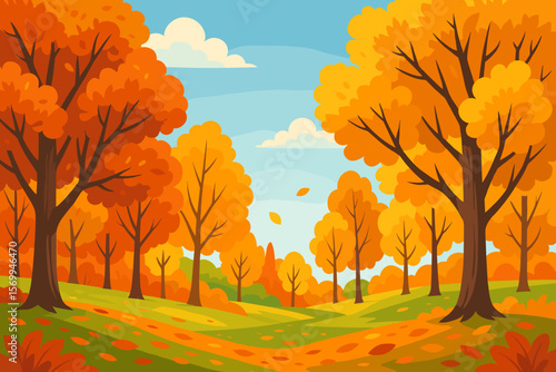Beautiful autumn forest landscape with colorful fall trees, vibrant leaves on grass, blue sky and clouds, seasonal nature scenery, vector illustration of serene fall environment