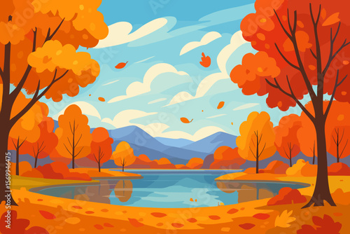 Beautiful autumn landscape with colorful fall trees, serene lake, drifting leaves, dramatic sky, and distant mountains horizon in vibrant fall season scenery
