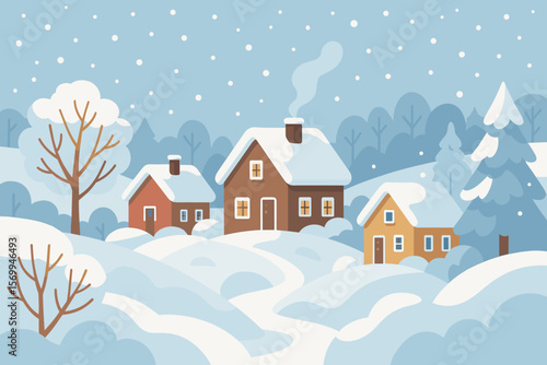 Snow-covered village houses nestled among snowdrifts and frosted trees in winter rural landscape, snowy weather day, modern flat vector cartoon illustration, cozy countryside scene