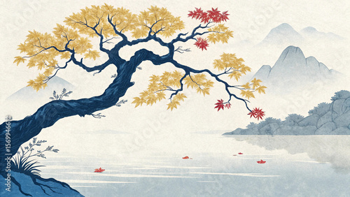 Serene japanese landscape with autumn maple tree and distant mountains