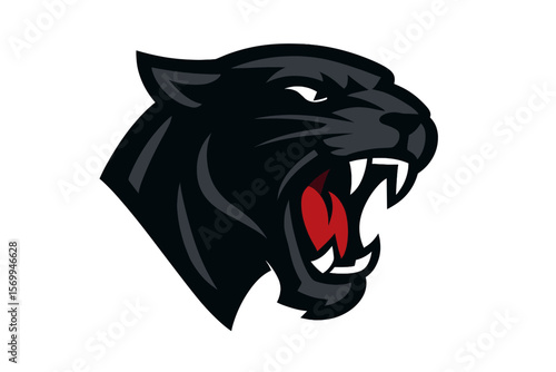 Angry panther head mascot roaring with open mouth. Fierce black wildcat logo for sports team or esports clan emblem. Powerful cougar or jaguar symbol. Vector illustration.