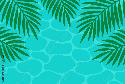 Tropical palm leaves over clear blue water background. Summer poolside scene with vibrant green foliage, sunlight reflections, aquatic pattern. Exotic vacation vector illustration