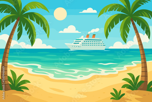 Tropical paradise beach with palm trees, golden sand, turquoise sea, cruise ship on horizon, sunny sky, travel vacation concept, summer holiday vector illustration